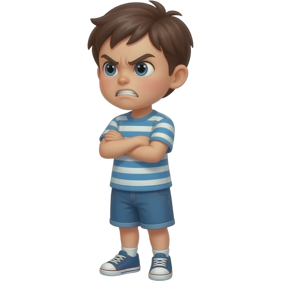 Enfant 4 ans fâché, bras croisés, de la tête aux pieds, vu de côté emoji