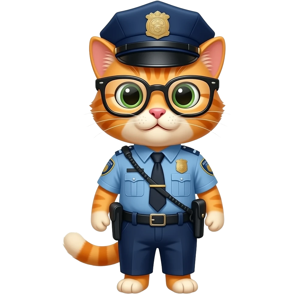 یه ایموجی گربه نارنجی با کلاه پلیس با لباس و شلوار پلیس با عینک پلیسی بساز emoji