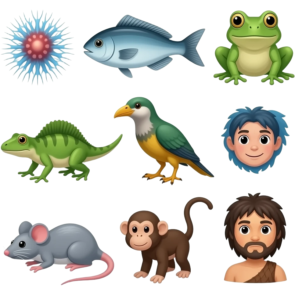 Starts as 🧬 then plankton then 🐟 then 🐸 then 🦎 then🦖then 🐦 then Dimetrodon then 🐁 then 🐒 then🙉then black cavemen then cavemen then us emoji
