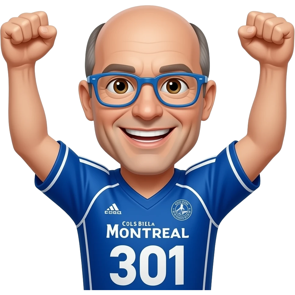 Male, Brown eyes, square jawed ,no hair, thin blue glasses,50 years old, cols bleu de montreal local 301 jersey, smiling showing teeth, cheering arms up emoji