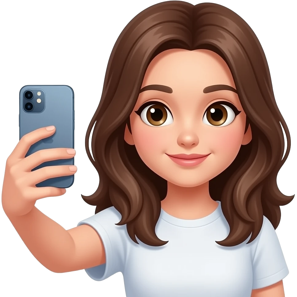 chica de pelo café, ojos avellana tomándose una selfie con su iphone emoji