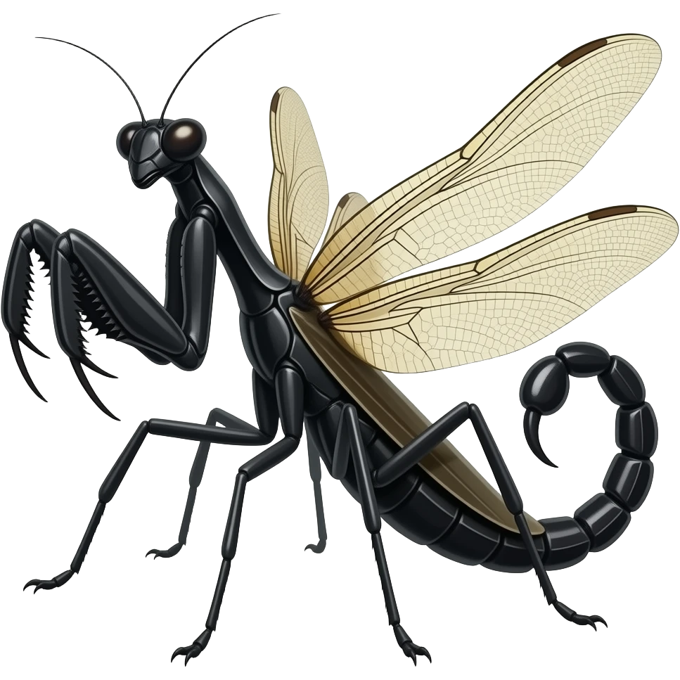 A praying mantis torso on a black widow body with dragonfly wings, a scorpion tail and pinchers, insectoid fusion, realistic, emoji type emoji