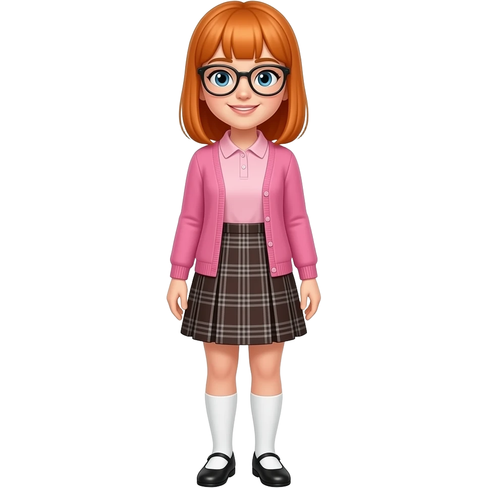 an adult girl with fair skin, orange hair, straight bangs, blue eyes, wearing black glasses, a light pink polo shirt under a pink slim cardigan, a dark brown midi a-line skirt with gray plaid lines and white knee-high socks over black flats emoji