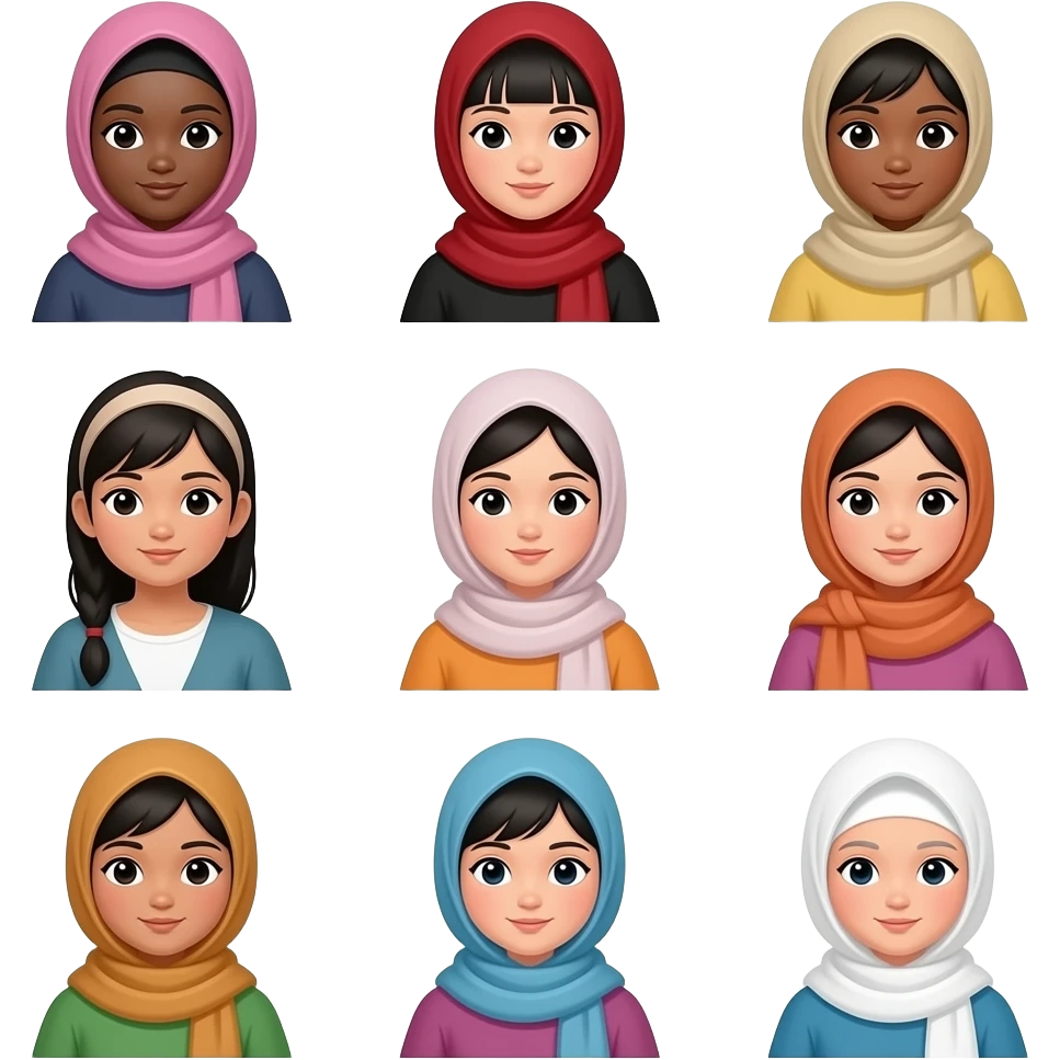 Make nine girls with the hijab one who is a black girl, one German girl, one Korean girl, one Japanese girl, two Indian girls, and one white girl and two more black girl emoji