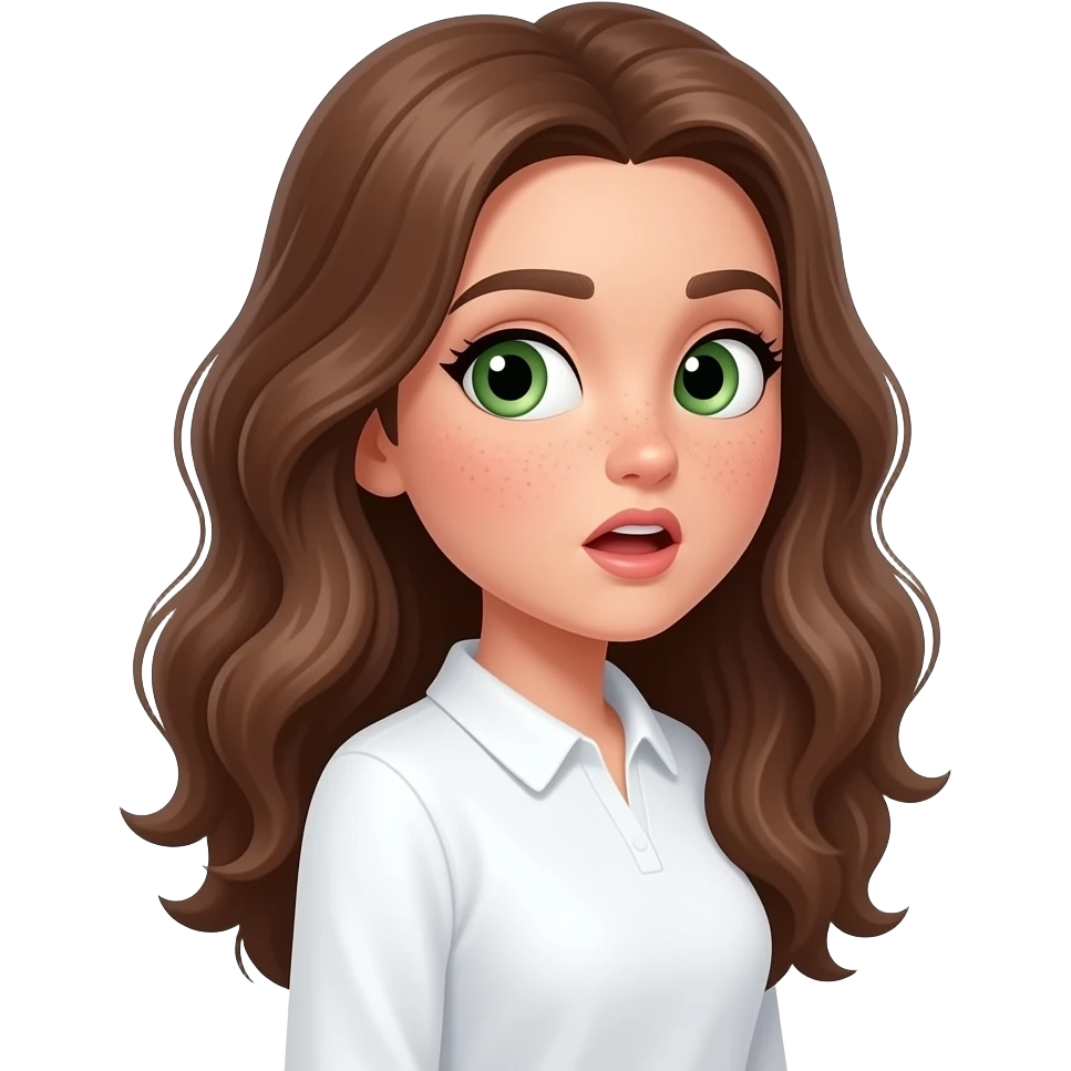 Brown wavy long hair green eyes cute face with freckles pretty girl in cute  white top with long sleeve and very soft collar doing meme side view doing side eye with suspicious with visible strong face expression being very surprised emoji