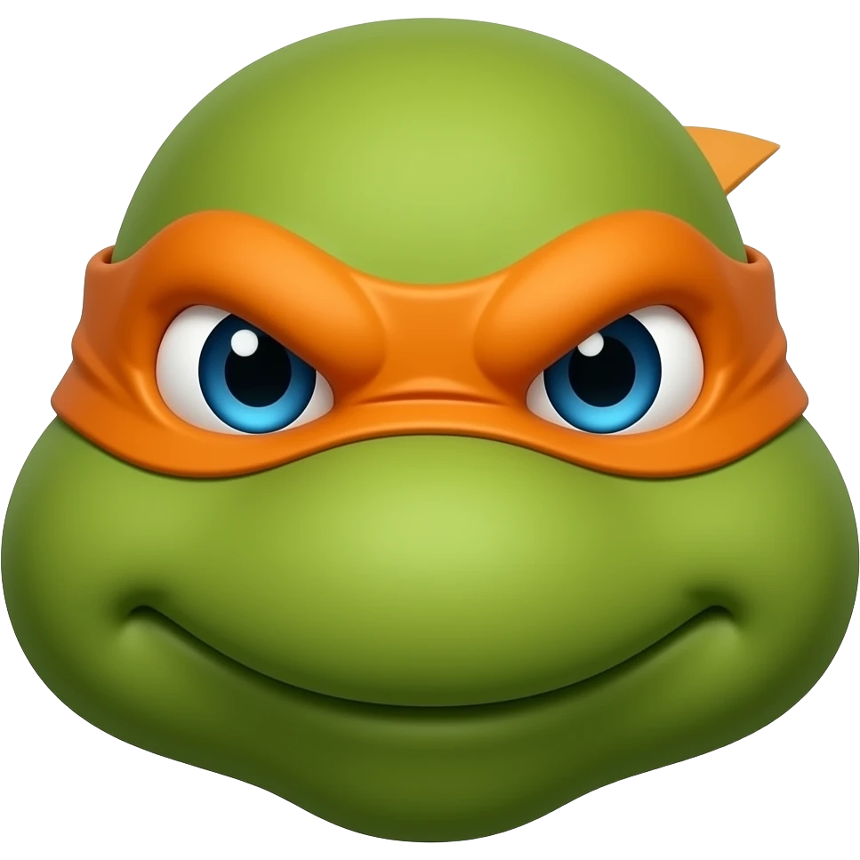 Donatello Ninja Turtle head wearing orange mask with knot on one side with tails, serious face emoji