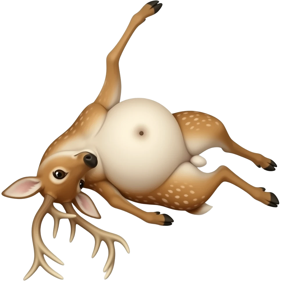 A female deer/doe is sprawling on her back unable to move,she pinned down by her own gigantic spherical ballooning Belly,her Bellybutton looks like it could reach the forest ceiling,she is that Fat,She ate way too much,She is one stuffed deer. emoji