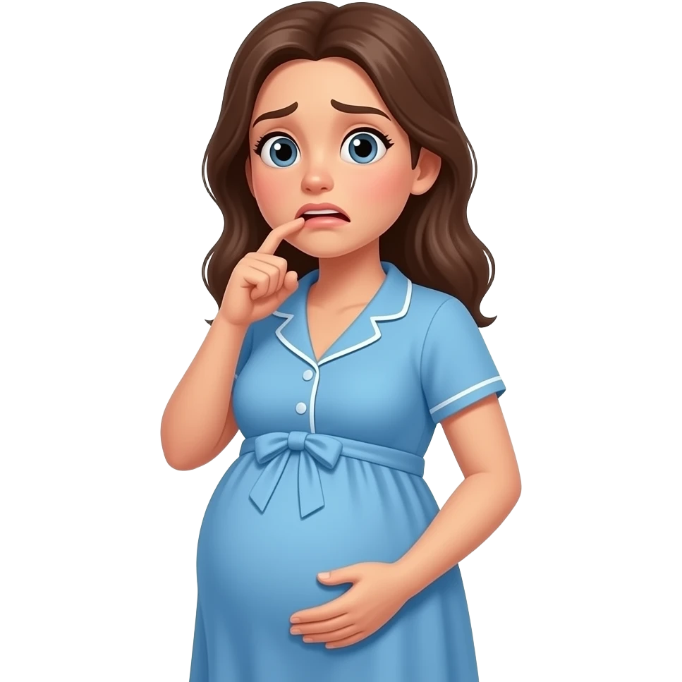 beautiful pregnant woman with anxious expression while biting her finger with home dress blue emoji