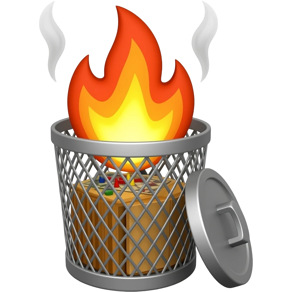 poubelle en feu avec un jeu de société dans la poubelle qui part en fumée emoji
