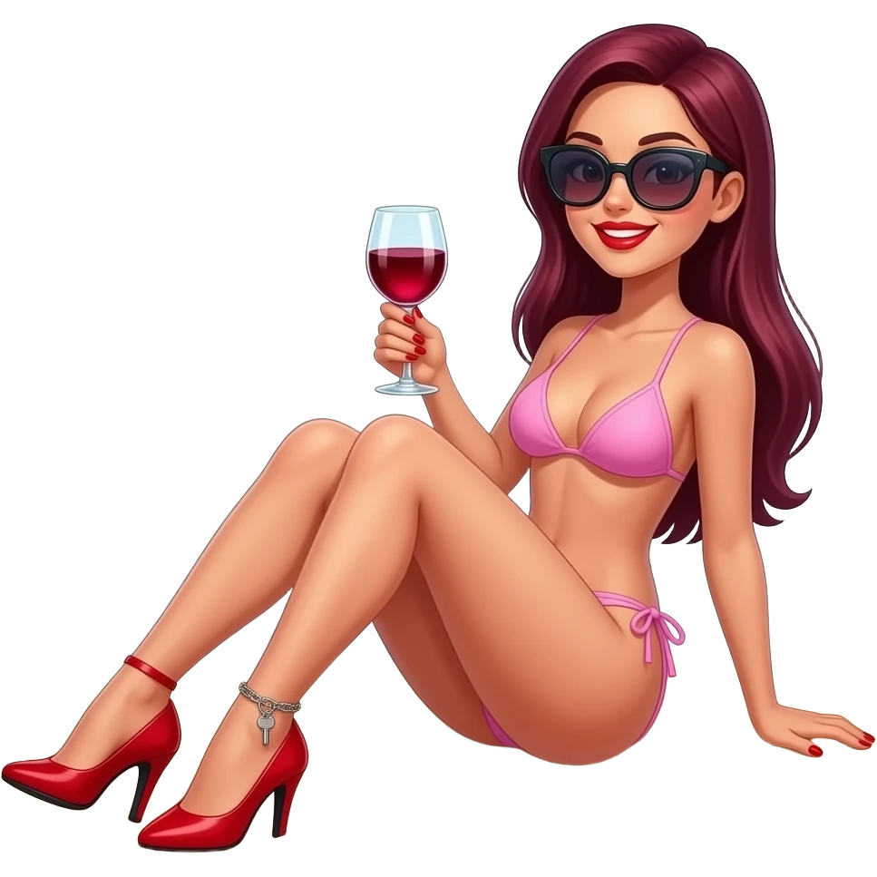 Woman. Burgundy, long straight hair, sitting, sunbathing. baby pink bikini. very high red stiletto heels. red lipstick. red nail polish. smiling. ankle chain with small key dangling off. glass of red wine in one hand. large sunglasses. emoji