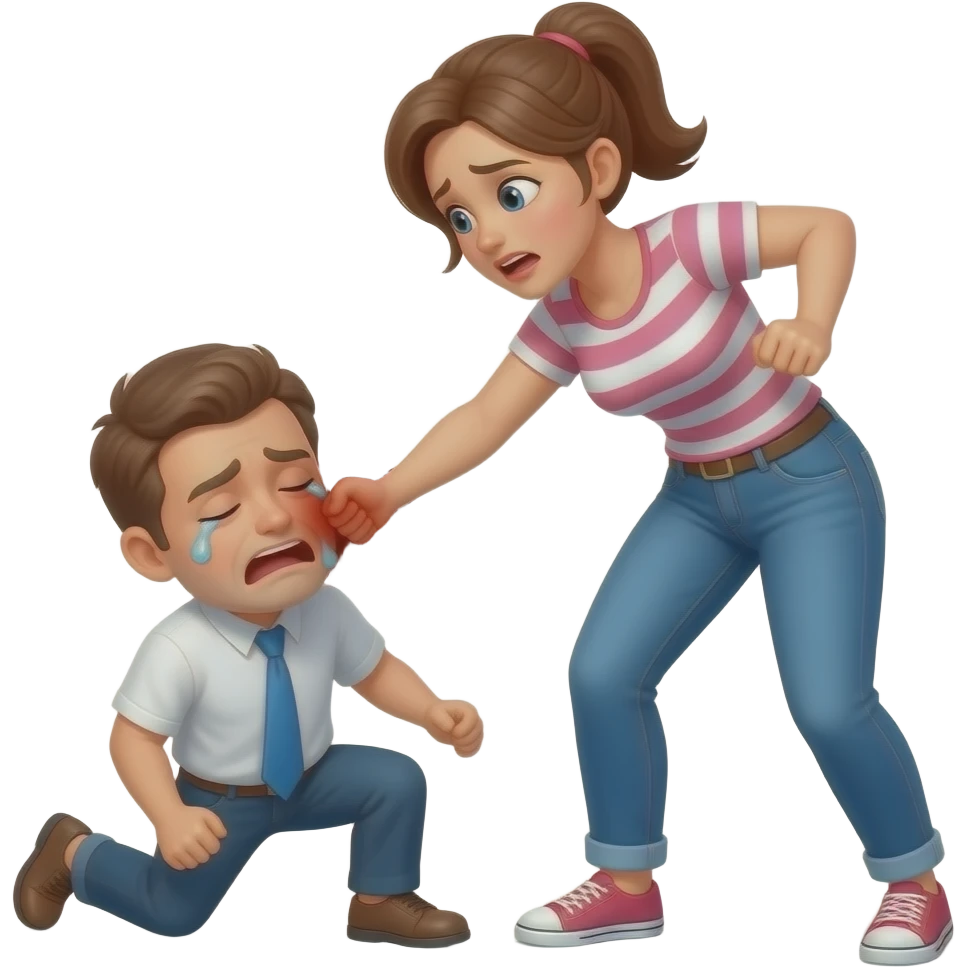 Woman beating the shit out of a man who has a bruised eye and is crying on the ground emoji