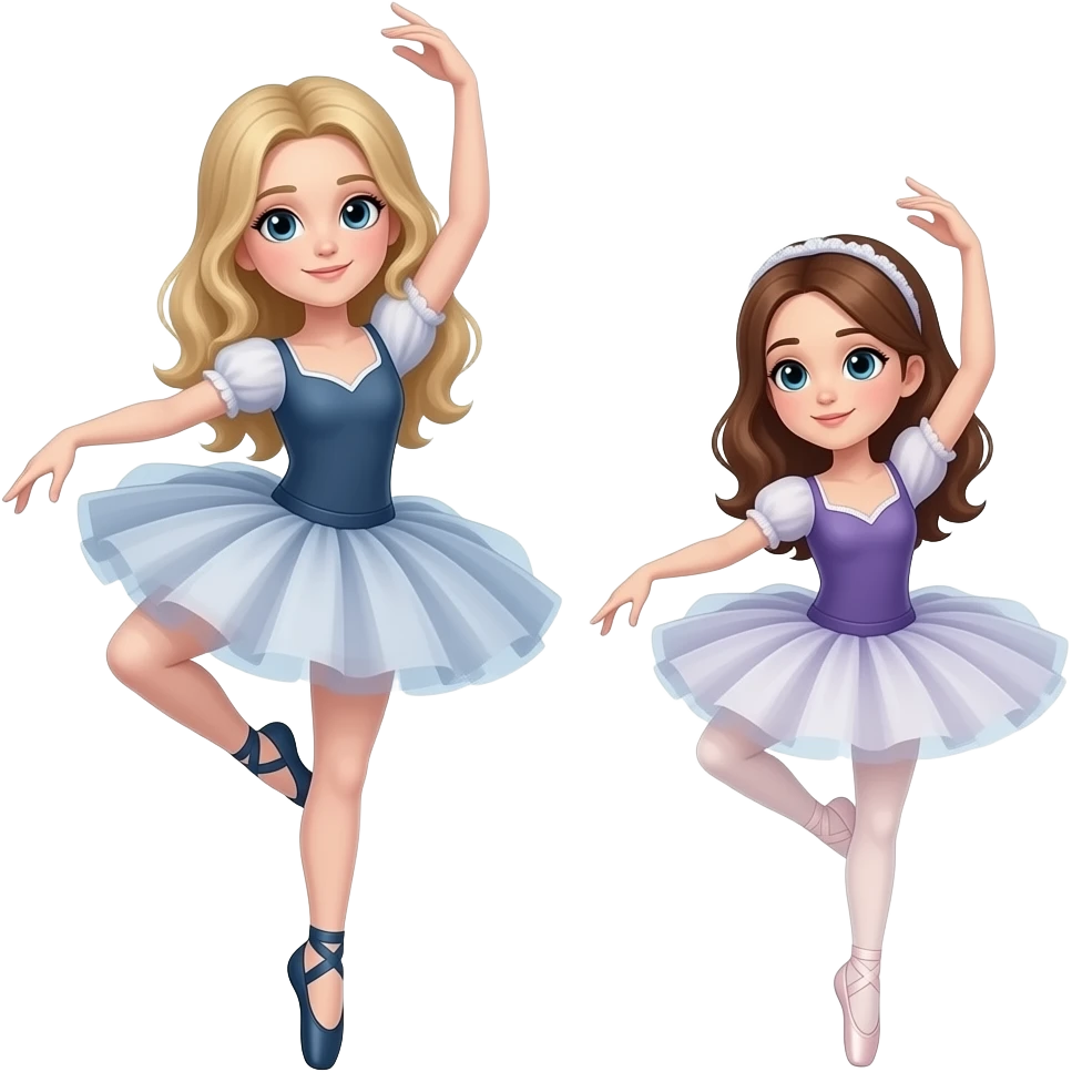 Two Harry Potter ballerinas dancing doing two different classical ballet poses - one taller with dirty blonde hair, and one shorter with brown hair. Both Harry Potter ballerinas please emoji