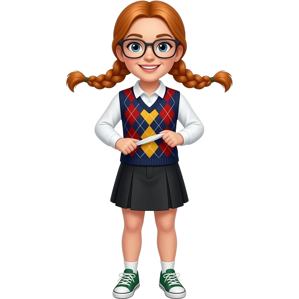 White woman orange braided pigtails rectangle glasses white long sleeved polo argyle dark blue red and yellow vest black skirt white and green sneakers lifting her shirt emoji