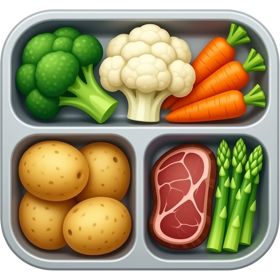Please broccoli and cauliflower and carrots and potatoes and Steak and asparagusbento box emoji