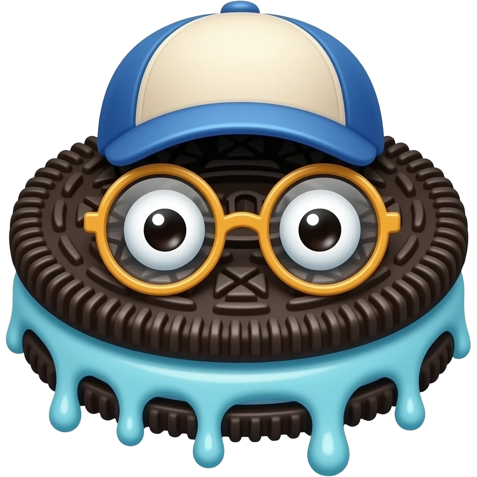 Un tierno monstruito que sea como derretido, para que represente la "crema" de la galleta oreocon rasgos de caricatura de los años 30 ) pero con colores modernos. Puede llevar gorra hacia atrás y lentes emoji