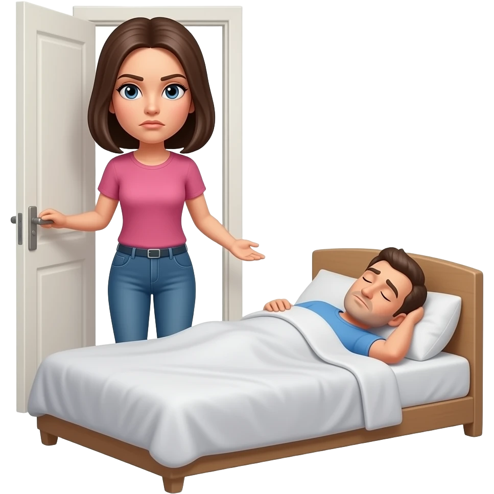 woman serious expressoion  by room door looking at husband sleeping in bed, emoji