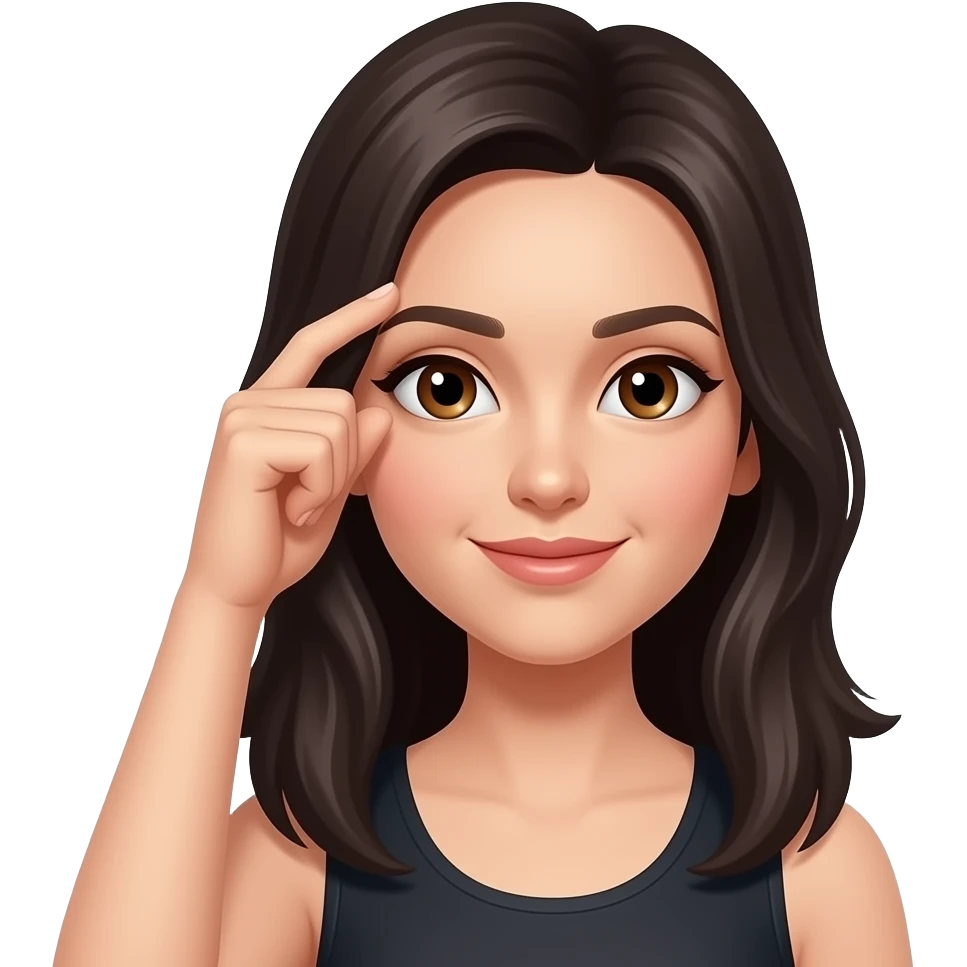 Woman with dark long hair brown eyes L fingers on forehead wi the thumb and index finger emoji