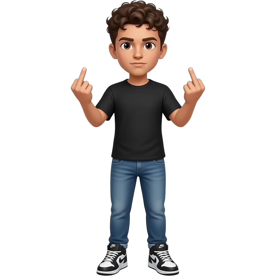 Um homem adolescente Cabelo callow fade cacheado Corpo inteiro calça e tênis nikecor de pele branca o cara branco com roupa preta fazendo um sinal com as duas mãos dando dedo do meio cara sério emoji