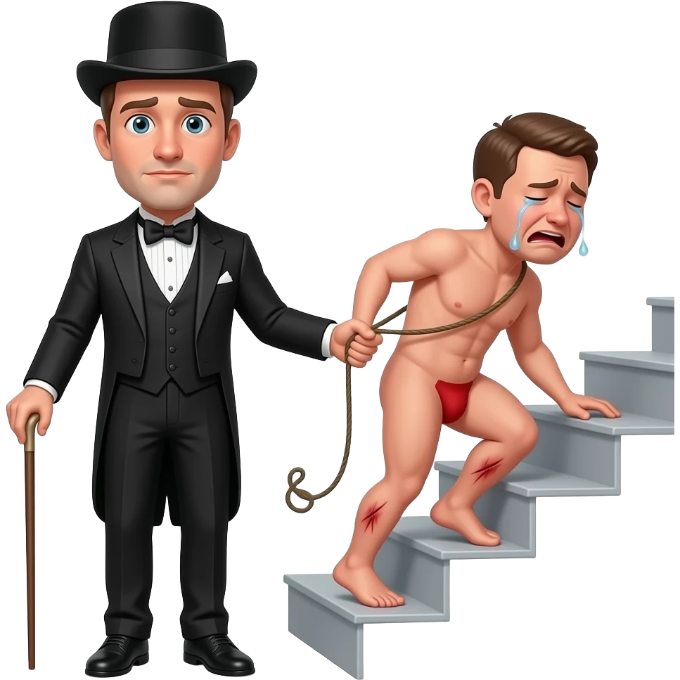 A stern clothed man with a thin whippy cane is leading by the ear and dragging behind him, a reluctant, crying, naked man up a flight of stairs, walking up towards the top,by the ear, his red buttocks are very bruised. emoji
