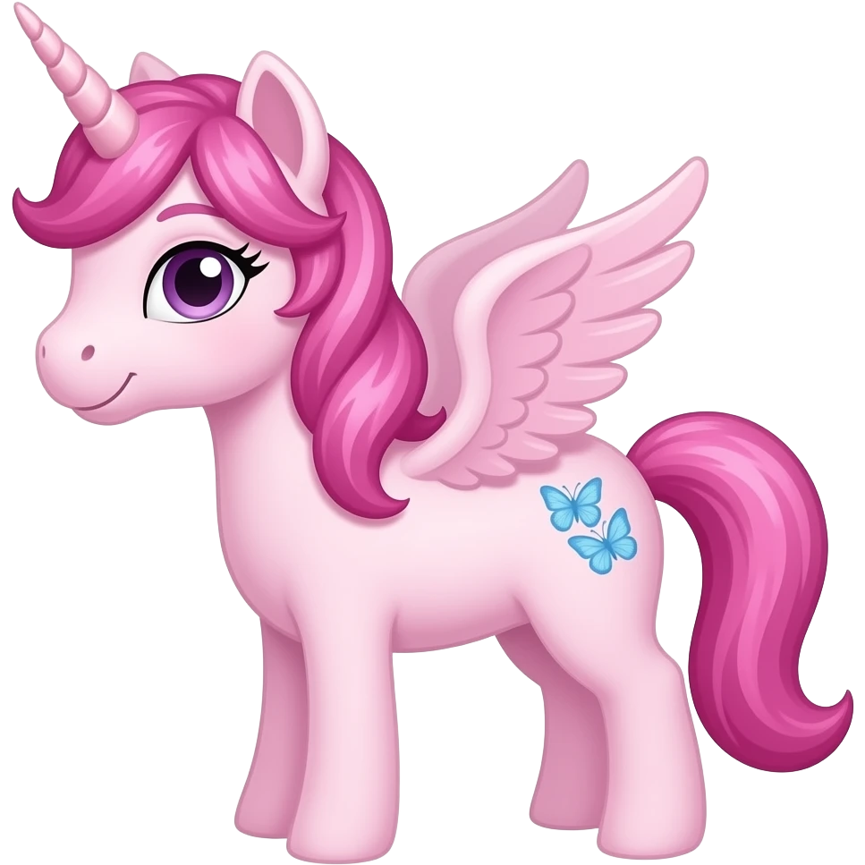 light pink unicorn with dark pink shy eye hairdo, purple eyes, light light pink wings,  a light pink horn, and 3 butterfly's with blue body's and pink wings for her cutie mark emoji