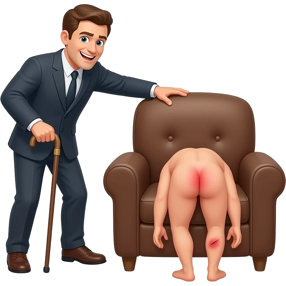 A cruelly smiling clothed man with a thin cane beating the bottom of a small, crying, naked man bending over the back of a brown armchair, his head down on the seat of the chair, legs hanging down the back of the chair,buttocks up high over the back of the chair and his red buttocks very bruised. emoji