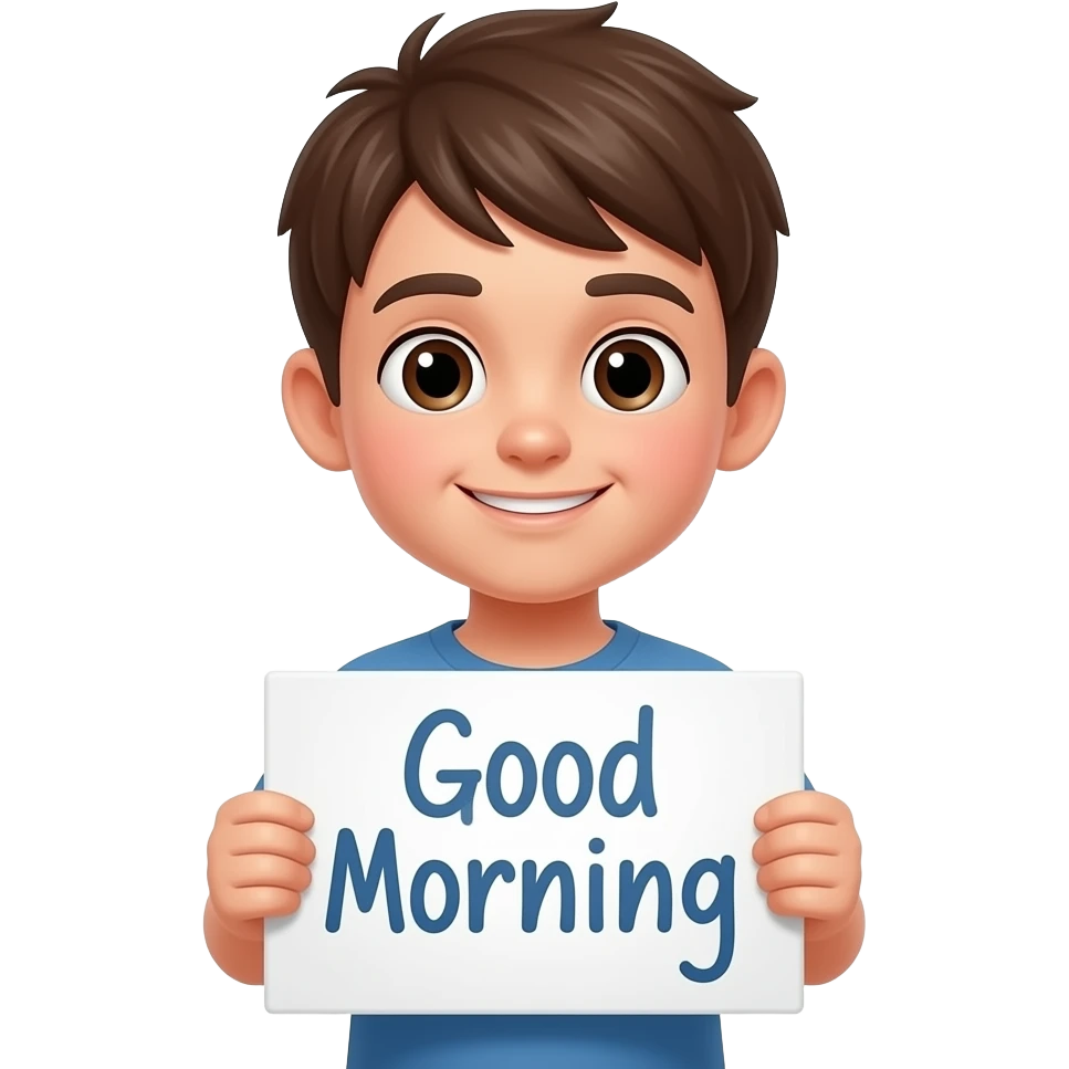 Junge hält Schild mit dem Text hoch Guten Morgen emoji