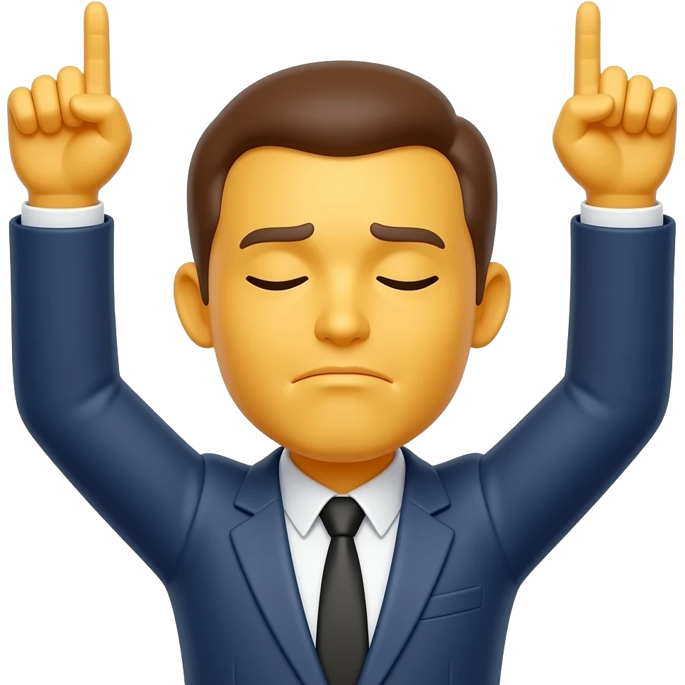 Emojis jaune blazer avec les deux bras levés vers le ciel, les index pointés vers le haut, visage soulagé les yeux fermé, fond blanc, style autocollant, avec l’emoji de base que la tête et le bras collé a la tête sa emoji