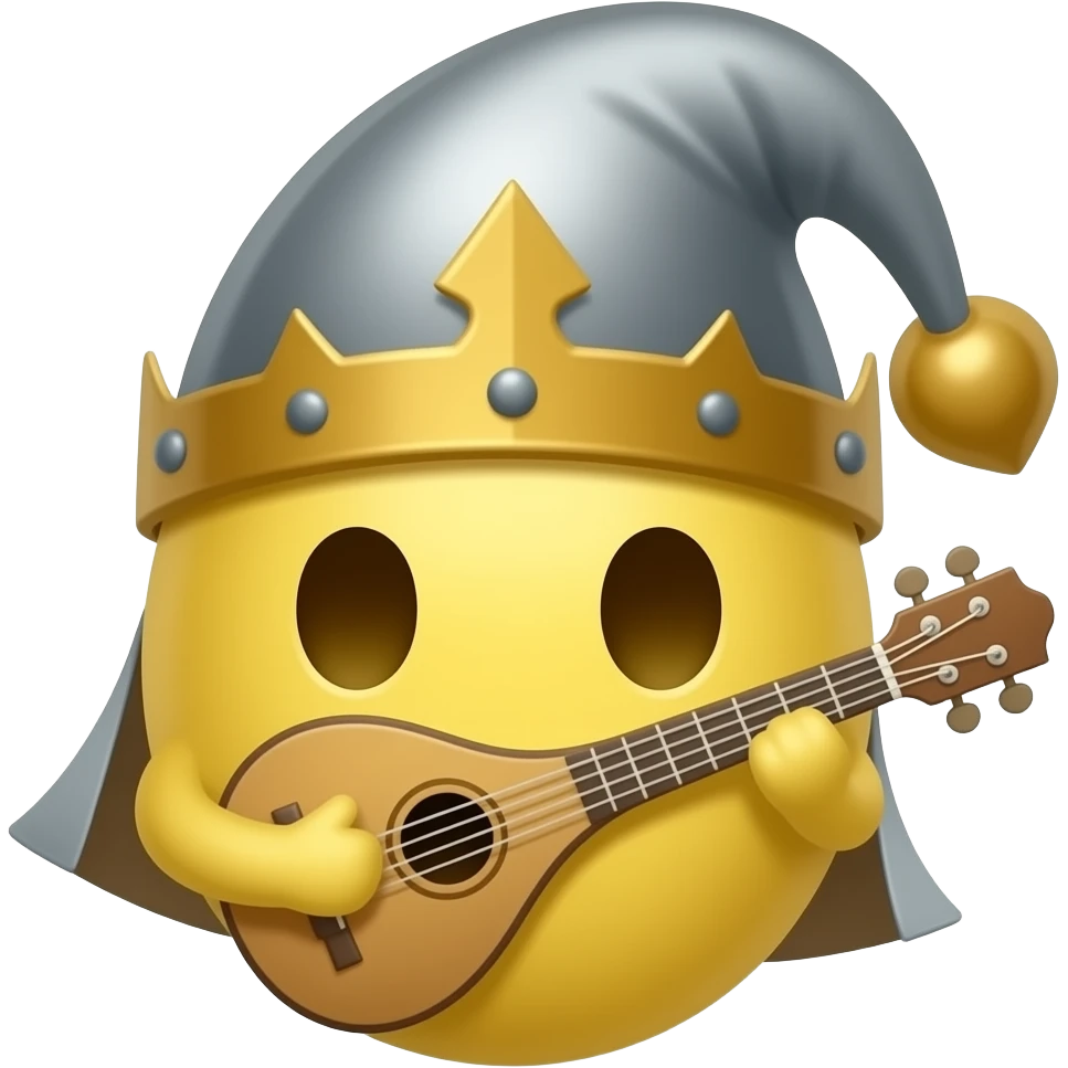 verry round yellow face emoji with a "medieval bard hat" and a "medieval bard instrument", "no arms nor hands" emoji