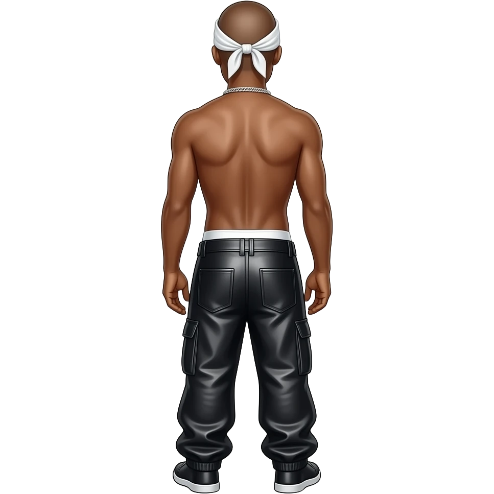 Tupac from behind with bald, white headscarf, black metallic saggy pants with white undies, shirtless with necklace emoji