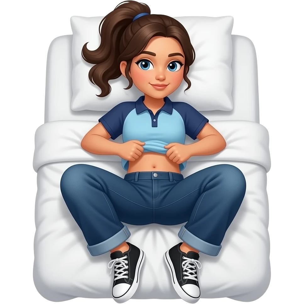 Hispanic girl with brown ponytail and blue eyes light blue and dark blue polo and dark blue baggy jeans and white and black sneakers and belly button laying down on her pillow on her bed lifting her shirt to show her belly emoji
