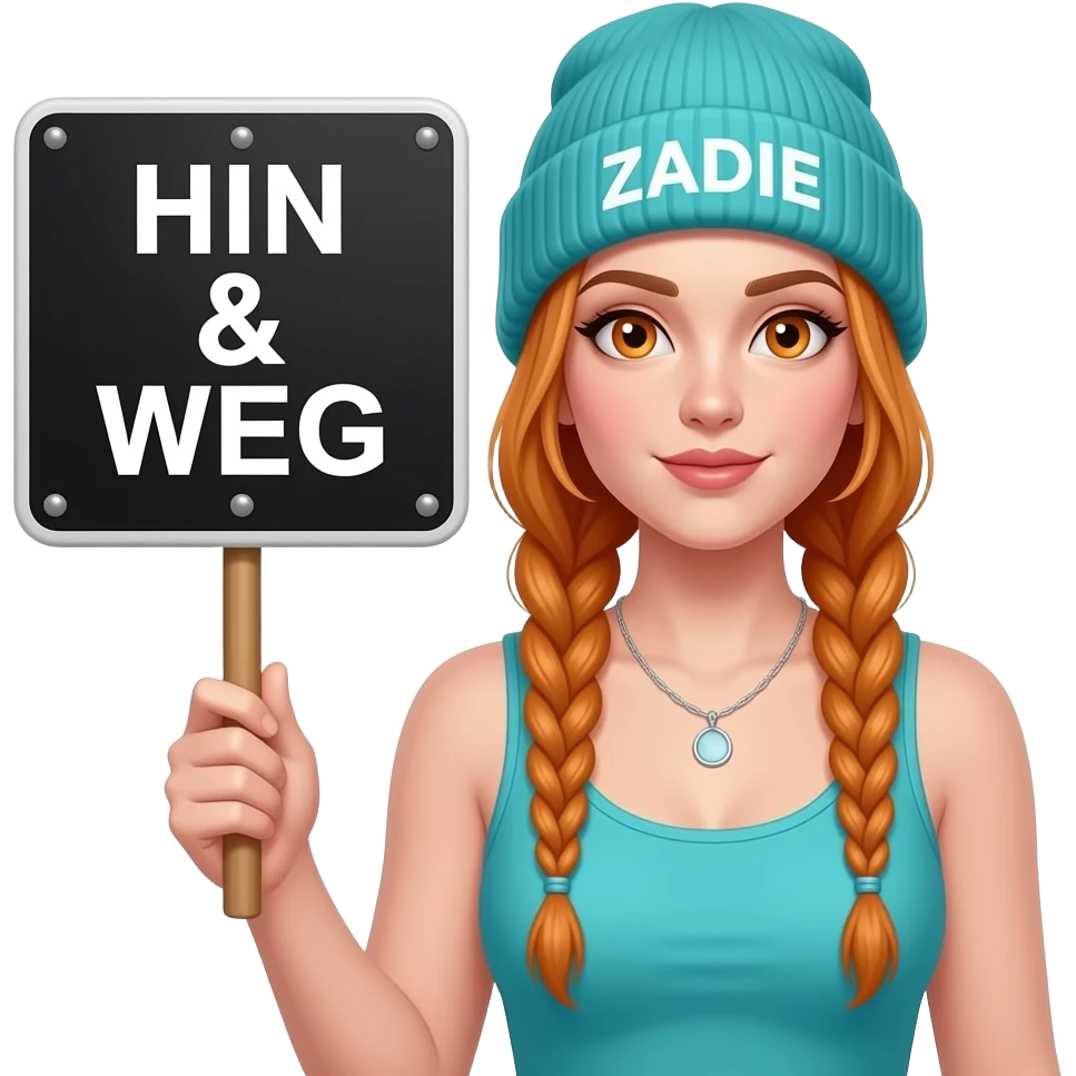 sexy girl with overlong ginger braids and ginger eyes wearing a turquoise tanktop and a turquoise beanie with ZADIE written on it, is holding a black sign with HIN & WEG written on it emoji
