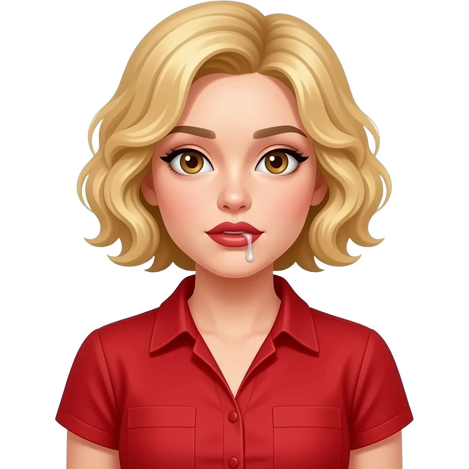 Short blond hair in curls drooling in a red finger nails and in a red short sleeve blouse and brown lipstick emoji