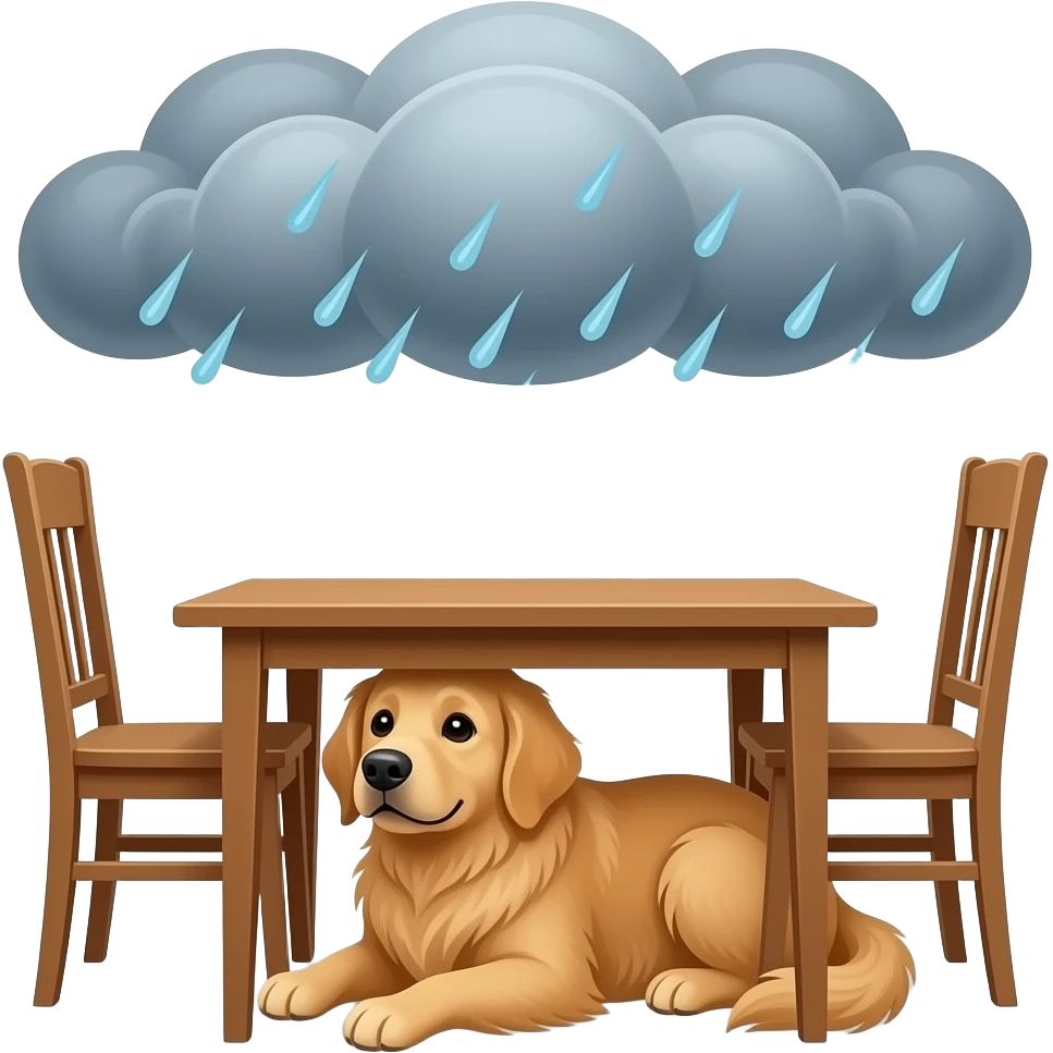 The golden retriever hides under the dining table during the storm. emoji