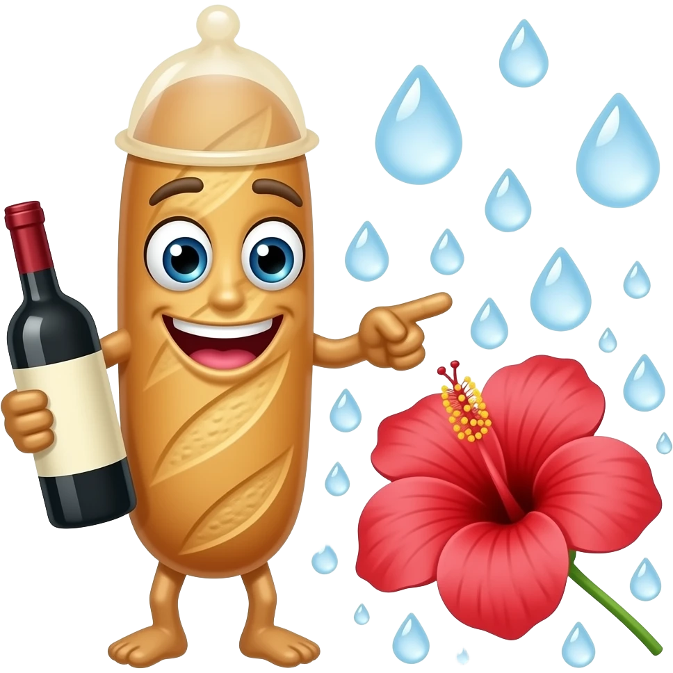 Longue Baguette avec une bouche, des yeux et des bras. Elle a un preservatif sur le haut de la tete et une bouteille de vin dans la main. L'autre main a l'index et le majeur tendus et collés touchant le centre d'un hibiscus qui a beaucoup de gouttes d'eau autour emoji
