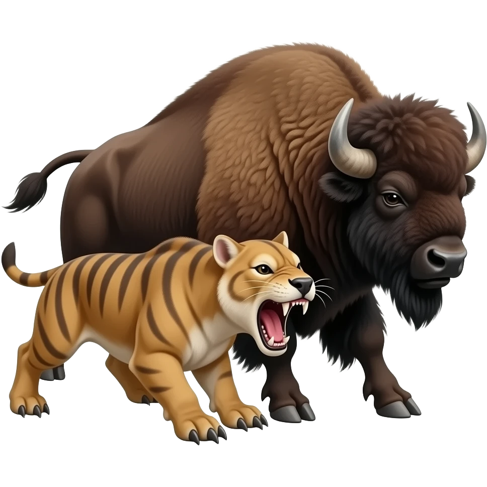 Smilodon claws will give bison a nasty gash bison horns will give smilodon a nasty bash smilodon teeth do the final blow bison hooves run so here he goes emoji
