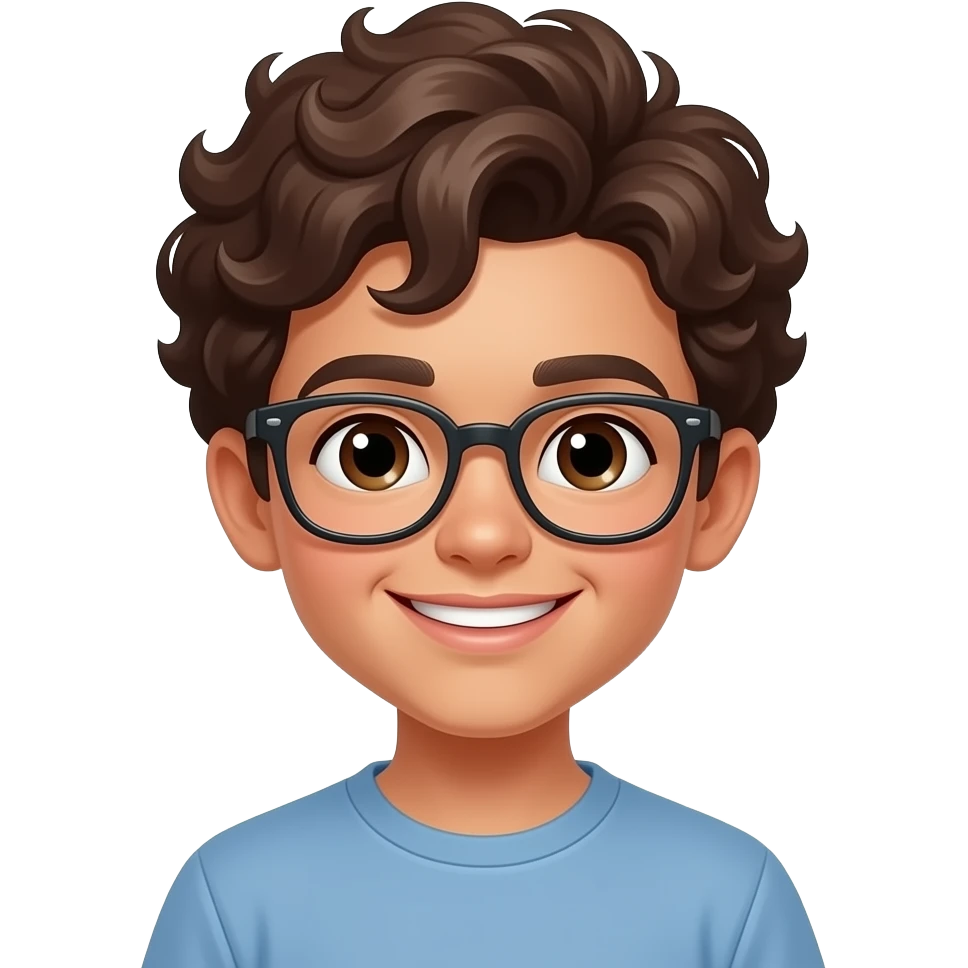 Boy with curly brown hair, glasses, tan coloured skin and a smile emoji