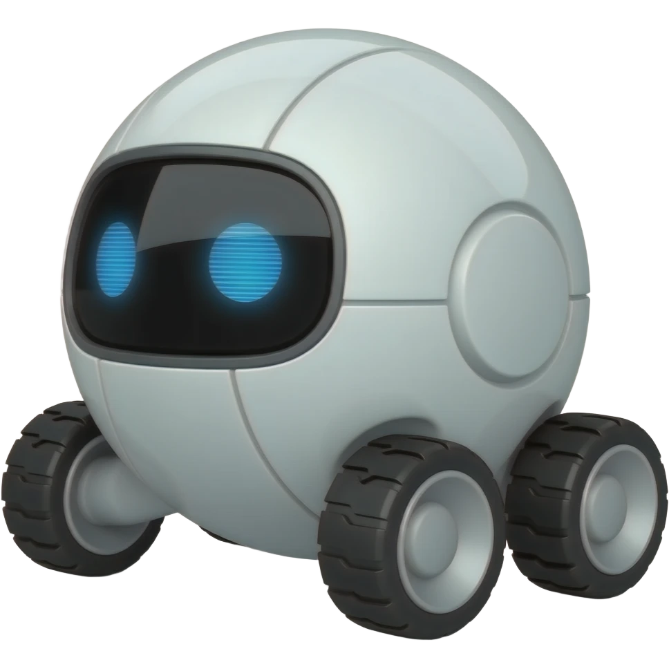 A wheeled white sphere with a display showing blue eyes and a camera in the front, minibot logo emoji