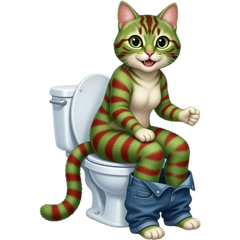 Femlae green red swirl cat furry woman sit on toilet pants down,smile emoji