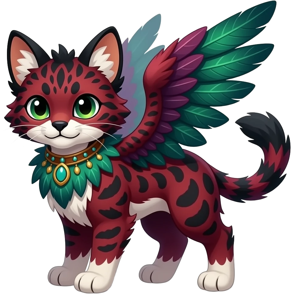 Colorful dark tropical feathery tribal dark burgundy wine-red obsidian-black jade-green white glorious iridescent divine exotic cute cool beautiful beautiful fantasy-caracal-civet-genet-sergal-vernid-Gryphon-Cacomistle-Trico-oncilla-animal-Fakémon-hybrid-fursona (full body) emoji