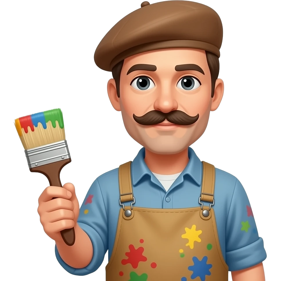 male artist with a mustache beret paint-splattered smock holding a brush emoji