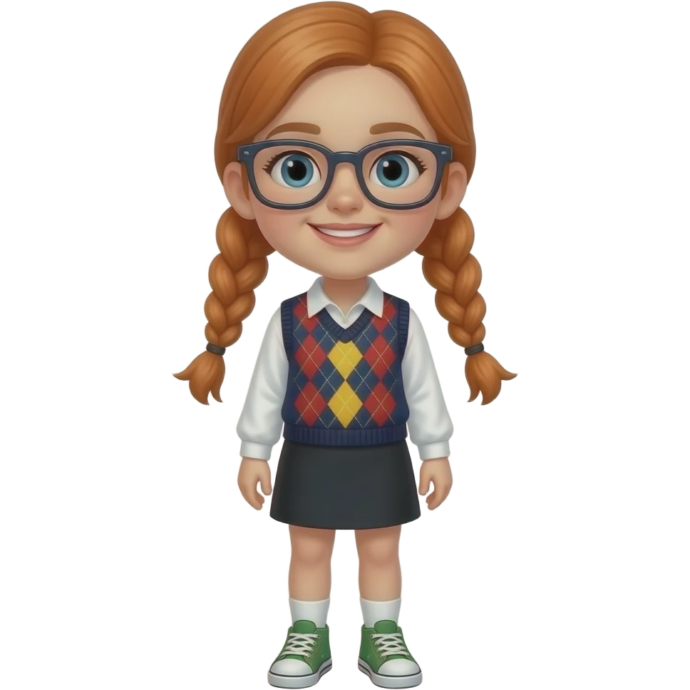 White girl orange braided pigtails rectangle glasses white long sleeved polo argyle dark blue red and yellow vest black skirt white and green sneakers emoji
