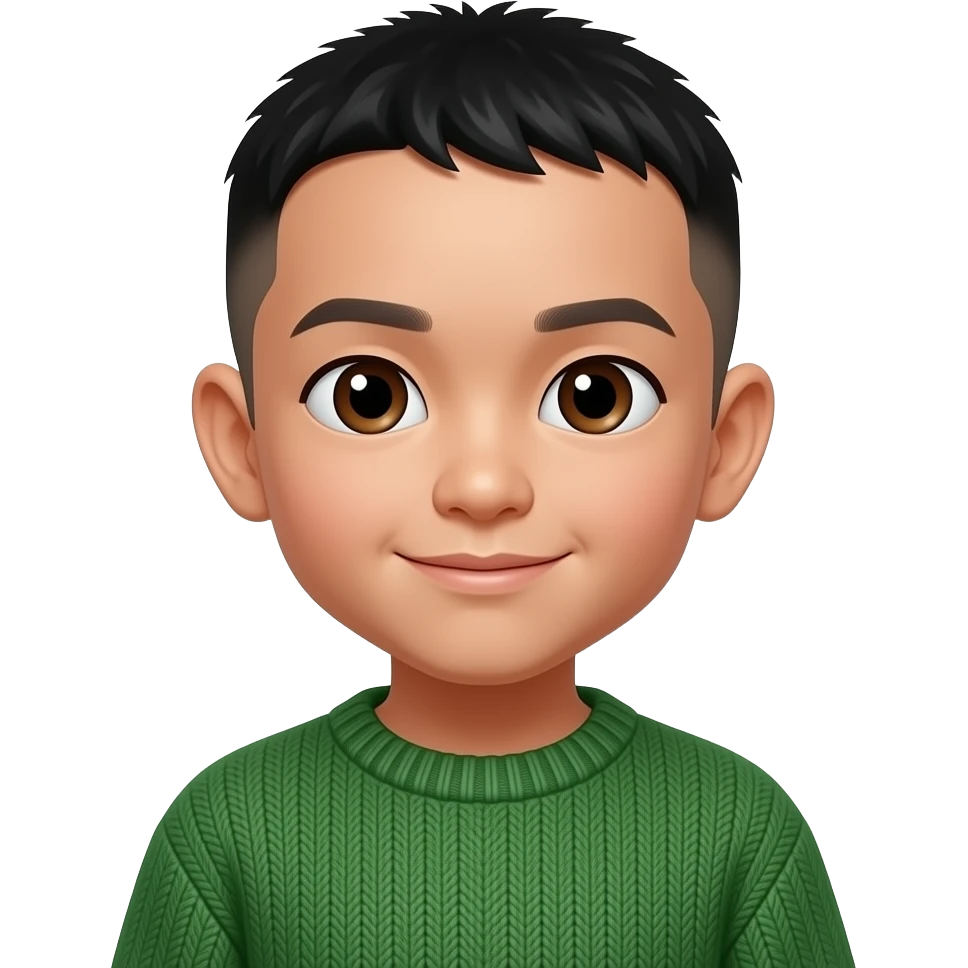 Half body emoji of an Asian boy with shaved hair and black even forelock, dark brown eyes, in green sweater emoji