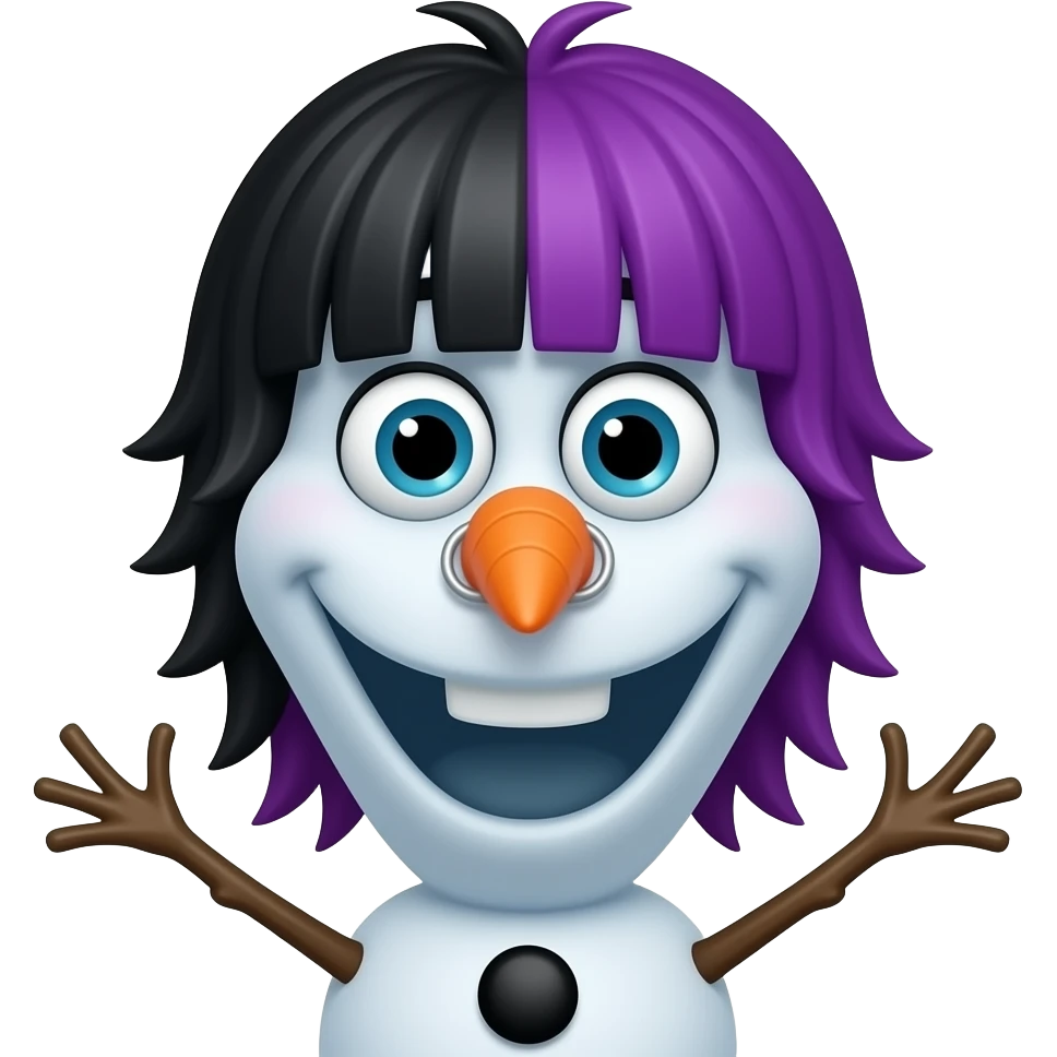 Can you make Olaf the snowman with fringe black and purple emo sideparted hair and a nosering emoji