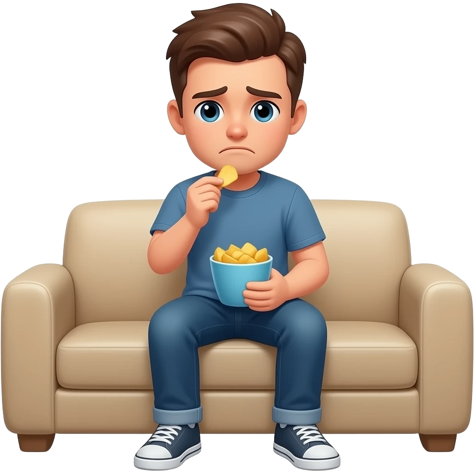 auf dem sofa sitzen und chips essen mit traurigem blick emoji