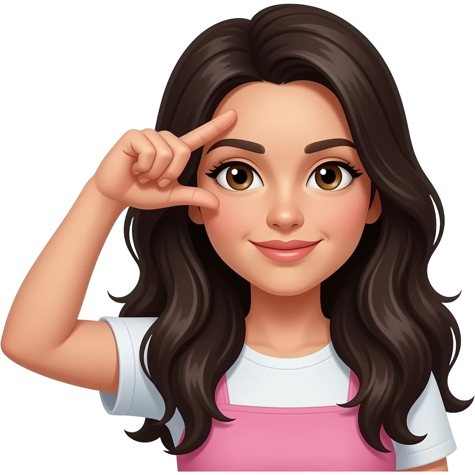 woman with long dark hair and brown eyes making L shape with hand on forehead emoji