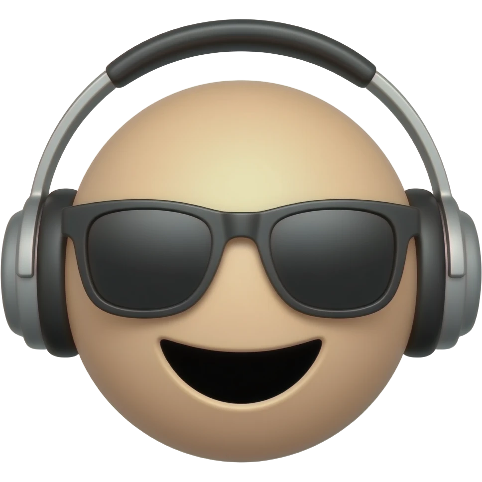 ball head emoji with headphones, mouth an black 😎 emoji
