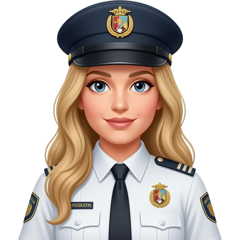 Mujer,  de seguridad privada uniforme blanco cabello rubio y largo Y con quepi emoji