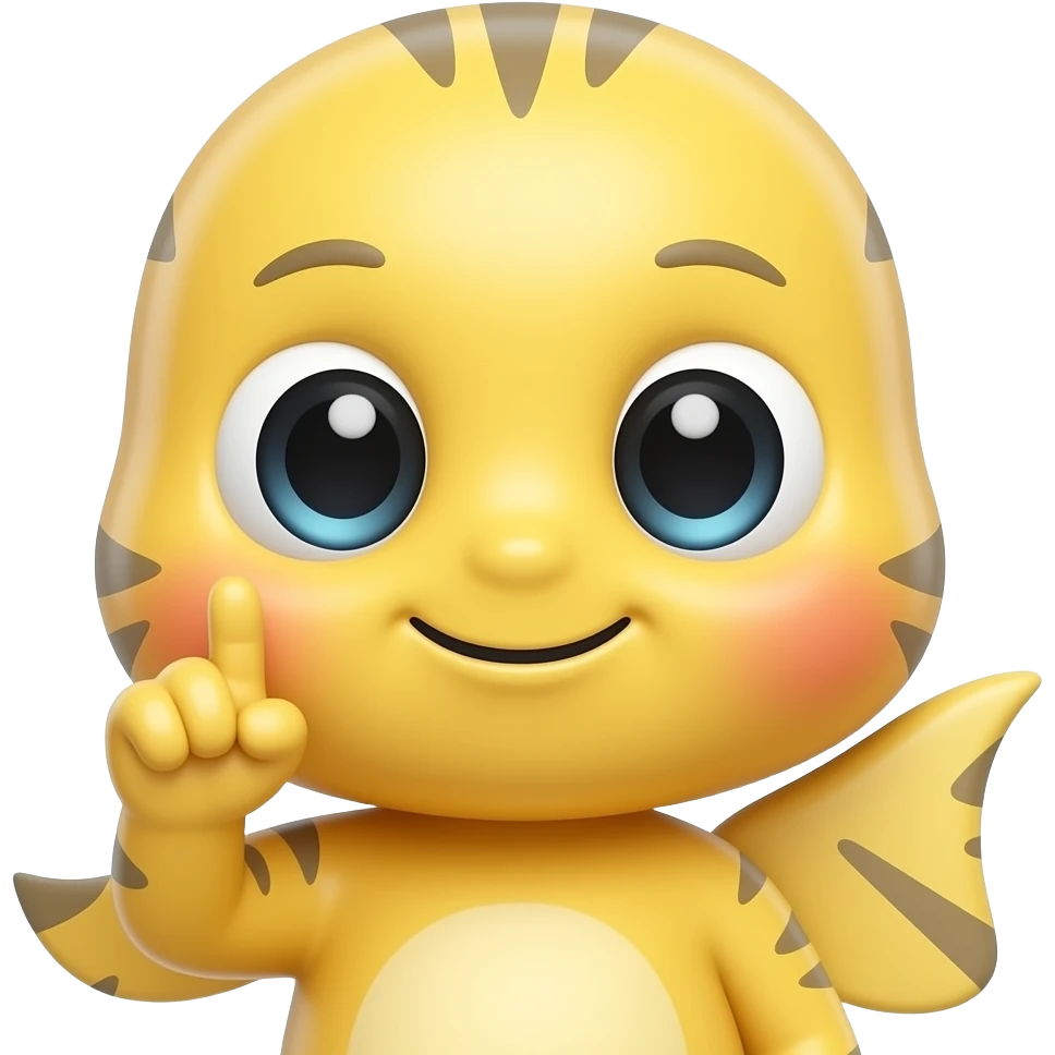 Cute 3D emoji, one index finger touching the cheek, cheek-poke pose, big eye, small smile, yellow face, gray motion lines, glossy rounded style, light background, centered. emoji