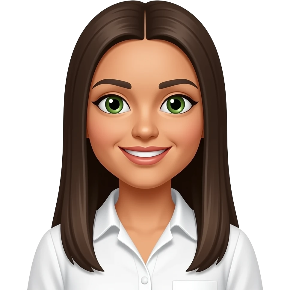 long brown  middle part straight haired tan girl with green eyes and big lips small button nose, smiles and has a round face and is a latina, from her chest up with a simplewhite blouse, has straight eyebrows and emoji