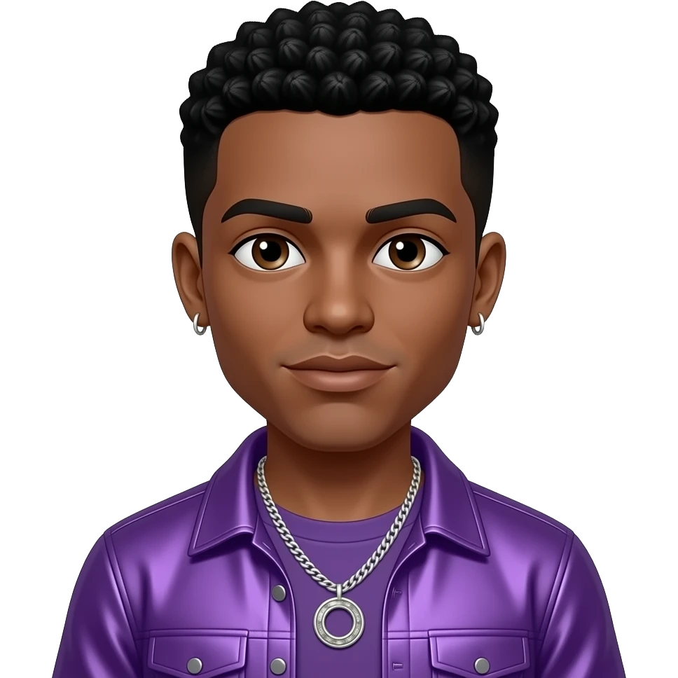 Quincy Brown with dark brown eyes, black hair, purple metallic hip-hop shirt, necklace and earrings emoji